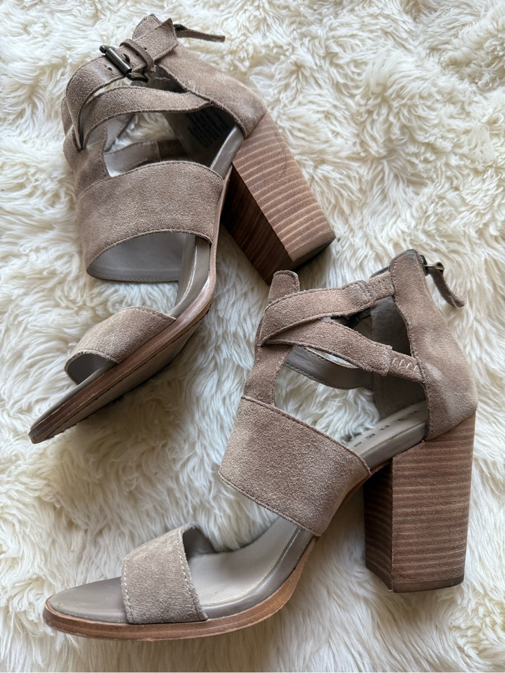 hinge Taupe Suede Strappy Block Heel Sandals